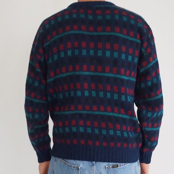 Vintage Scandia Navy Teal Red Wool Patterned Crewneck Sweater Retro Eclectic M - Picture 2 of 9